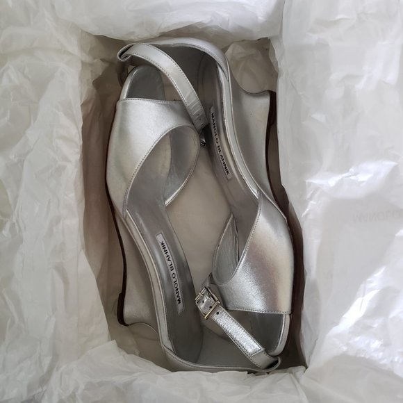 Manolo Blahnik Metallic Demi-Wedge Sandal, Silver - Picture 8 of 12